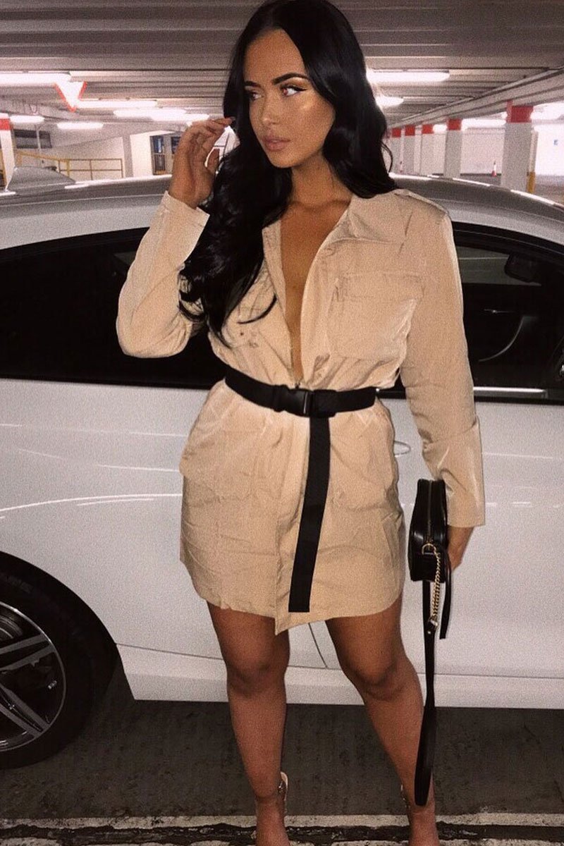 Camel Utility Belted Zip Front Shirt Dress - Meliyah-Dresses