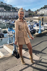 Camel Utility Belted Zip Front Shirt Dress - Meliyah-Dresses