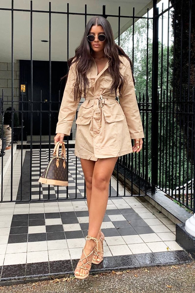 Camel Utility Belted Zip Front Shirt Dress - Meliyah-Dresses