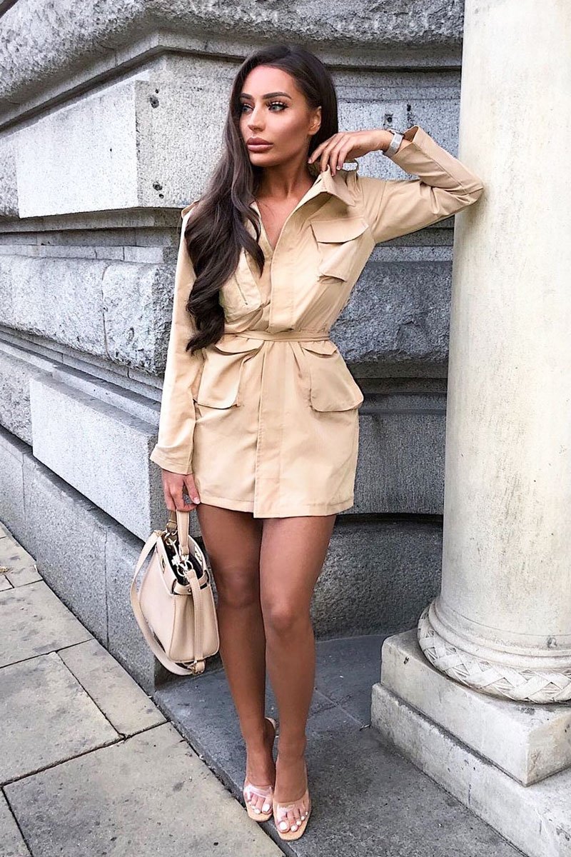 Camel Utility Belted Zip Front Shirt Dress - Meliyah-Dresses