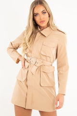 Camel Utility Belted Zip Front Shirt Dress - Meliyah-Dresses