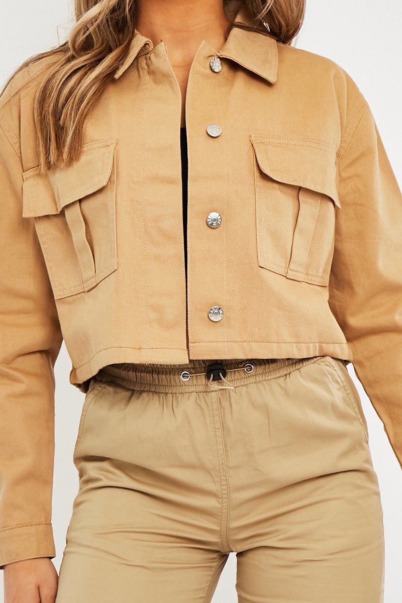 Camel Utility Pocket Cropped Denim Jacket - Elzie-Jackets