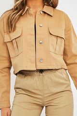 Camel Utility Pocket Cropped Denim Jacket - Elzie-Jackets