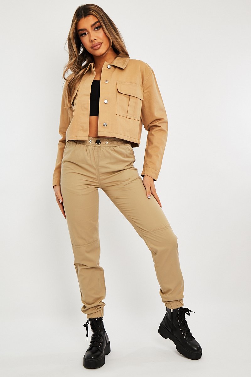 Camel Utility Pocket Cropped Denim Jacket - Elzie-Jackets