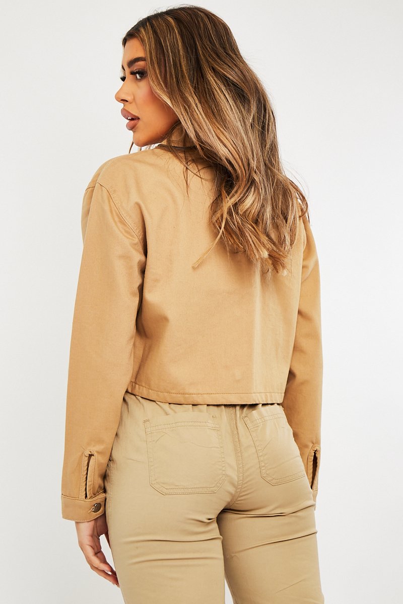 Camel Utility Pocket Cropped Denim Jacket - Elzie-Jackets
