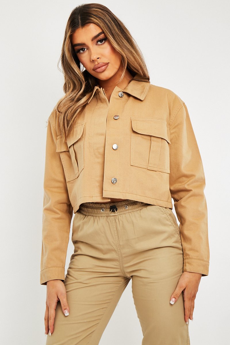 Camel Utility Pocket Cropped Denim Jacket - Elzie-Jackets