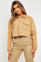 Camel Utility Pocket Cropped Denim Jacket - Elzie-Jackets