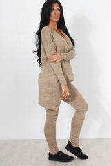 Camel V Neck Asymmetric Loungewear Set-Kimi-Loungewear