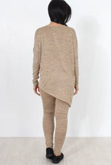 Camel V Neck Asymmetric Loungewear Set-Kimi-Loungewear