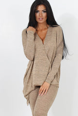 Camel V Neck Asymmetric Loungewear Set-Kimi-Loungewear
