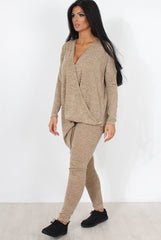 Camel V Neck Asymmetric Loungewear Set-Kimi-Loungewear
