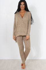 Camel V Neck Asymmetric Loungewear Set-Kimi-Loungewear