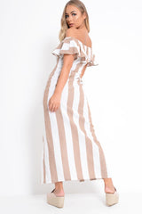 Camel White Stripe Button Detail Woven Maxi - Grier-Dresses