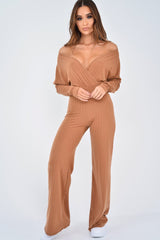 Camel Wide Leg Rib Plunge Jersey Jumpsuit - Tarlia-Jumpsuits
