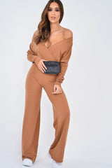 Camel Wide Leg Rib Plunge Jersey Jumpsuit - Tarlia-Jumpsuits