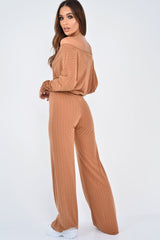 Camel Wide Leg Rib Plunge Jersey Jumpsuit - Tarlia-Jumpsuits