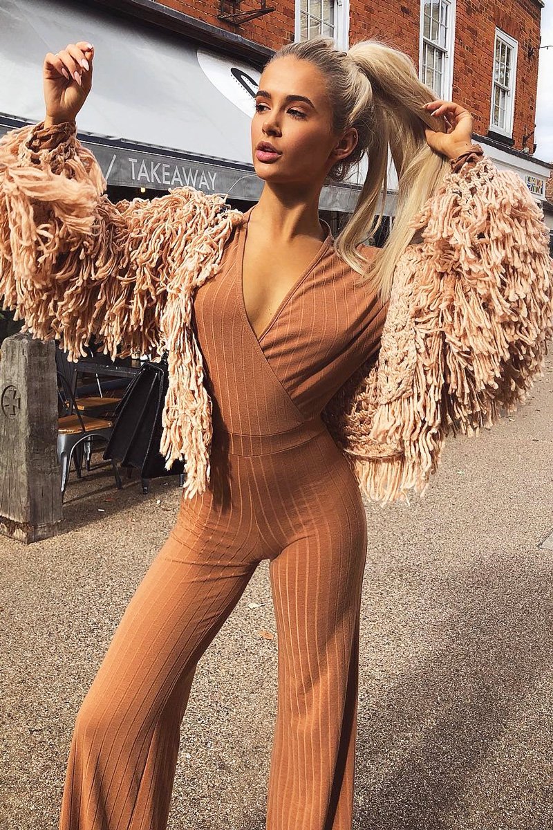 Camel Wide Leg Rib Plunge Jersey Jumpsuit - Tarlia-Jumpsuits