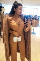 Camel Wide Leg Rib Plunge Jersey Jumpsuit - Tarlia-Jumpsuits