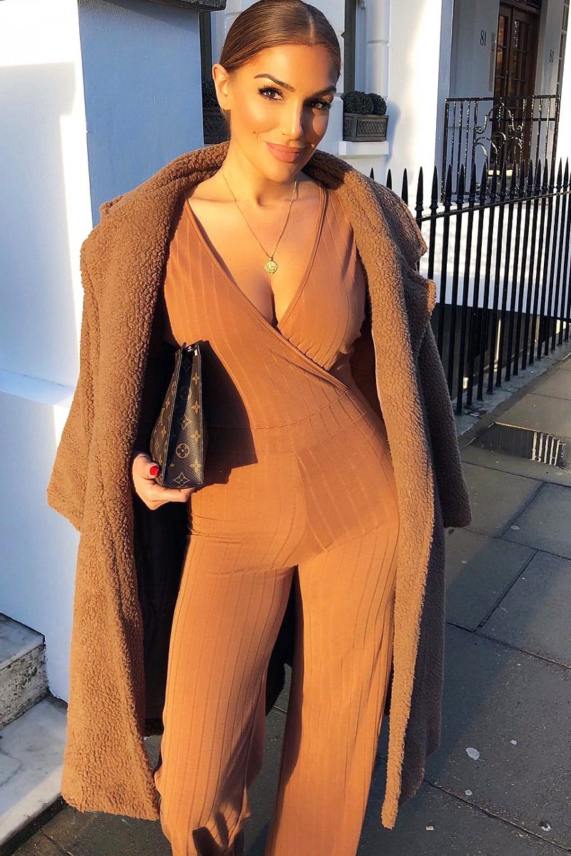 Camel Wide Leg Rib Plunge Jersey Jumpsuit - Tarlia-Jumpsuits