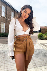 Camel Woven O Ring Paperbag Waist Shorts - Carmin-Shorts