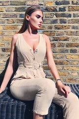 Camel Woven Plunge Button Front Belted Jumpsuit - Stephani-Jumpsuits