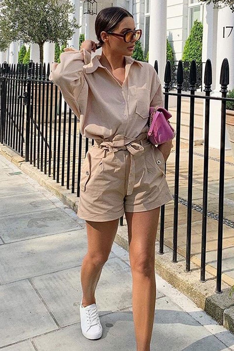 Camel Woven Tie Waist Tailored Shorts - Perrie-Shorts