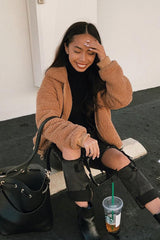 Camel Zip Front Faux Fur Crop Jacket - Perri-Jackets