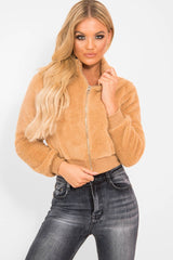 Camel Zip Front Faux Fur Crop Jacket - Perri-Jackets