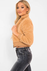 Camel Zip Front Faux Fur Crop Jacket - Perri-Jackets