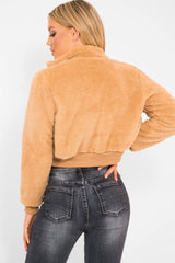 Camel Zip Front Faux Fur Crop Jacket - Perri-Jackets