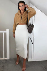 Camel Zip Front Faux Fur Crop Jacket - Perri-Jackets