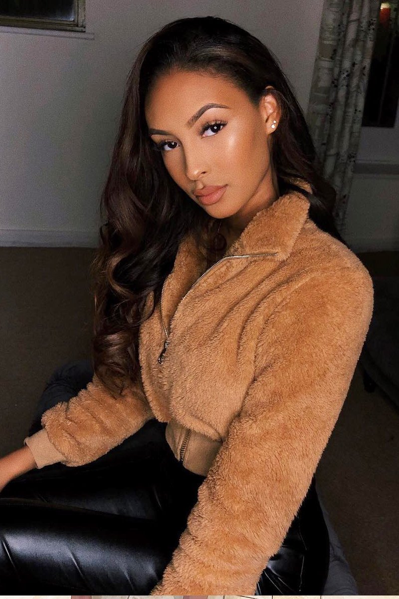 Camel Zip Front Faux Fur Crop Jacket - Perri-Jackets