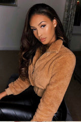 Camel Zip Front Faux Fur Crop Jacket - Perri-Jackets
