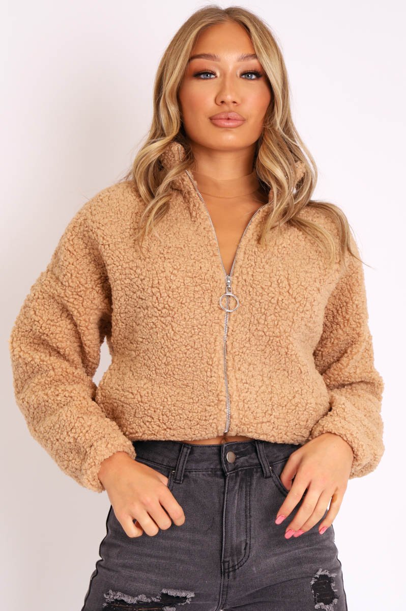 Camel Zip Front Teddy Jacket - Elena-Jackets