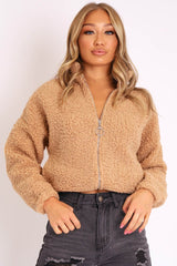 Camel Zip Front Teddy Jacket - Elena-Jackets