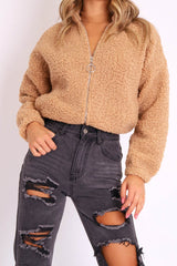 Camel Zip Front Teddy Jacket - Elena-Jackets