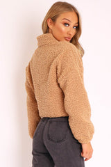 Camel Zip Front Teddy Jacket - Elena-Jackets