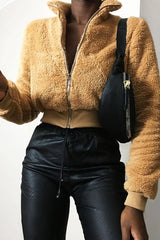 Camel Zip Front Teddy Jacket - Elena-Jackets