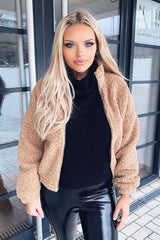 Camel Zip Front Teddy Jacket - Elena-Jackets