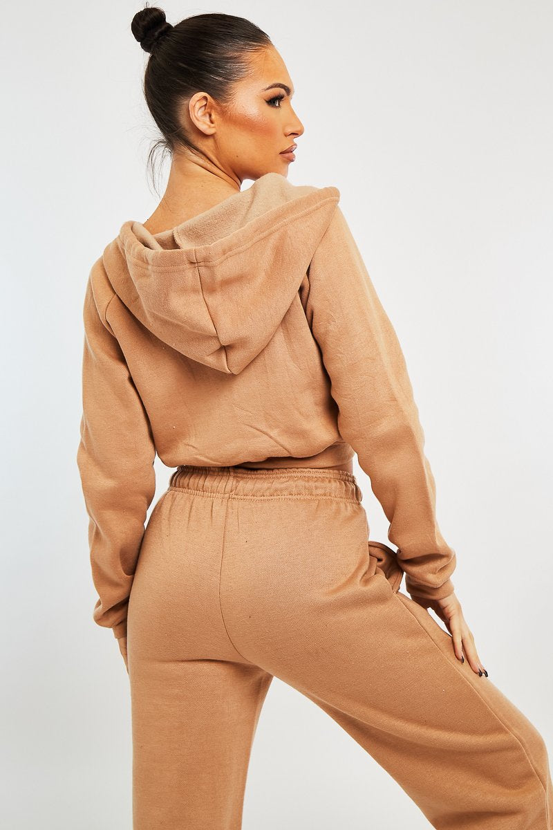 Camel Zip Up Cropped Hoodie - Skarlet-Hoodies