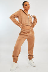 Camel Zip Up Cropped Hoodie - Skarlet-Hoodies