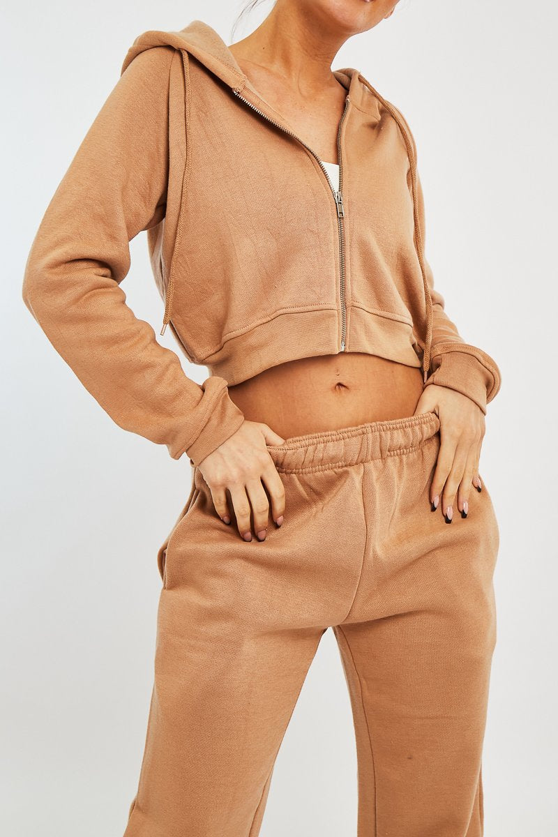 Camel Zip Up Cropped Hoodie - Skarlet-Hoodies