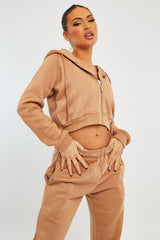 Camel Zip Up Cropped Hoodie - Skarlet-Hoodies