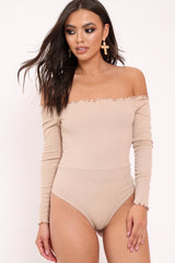 Camel bardot frill bodysuit - Kari-Bodysuits