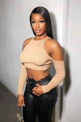 Camel Ribbed Cut Out Shoulders Crop Top - Tyra