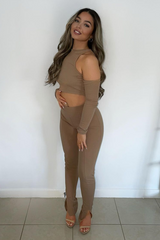 Camel Ribbed Cut Out Shoulders Crop Top - Tyra