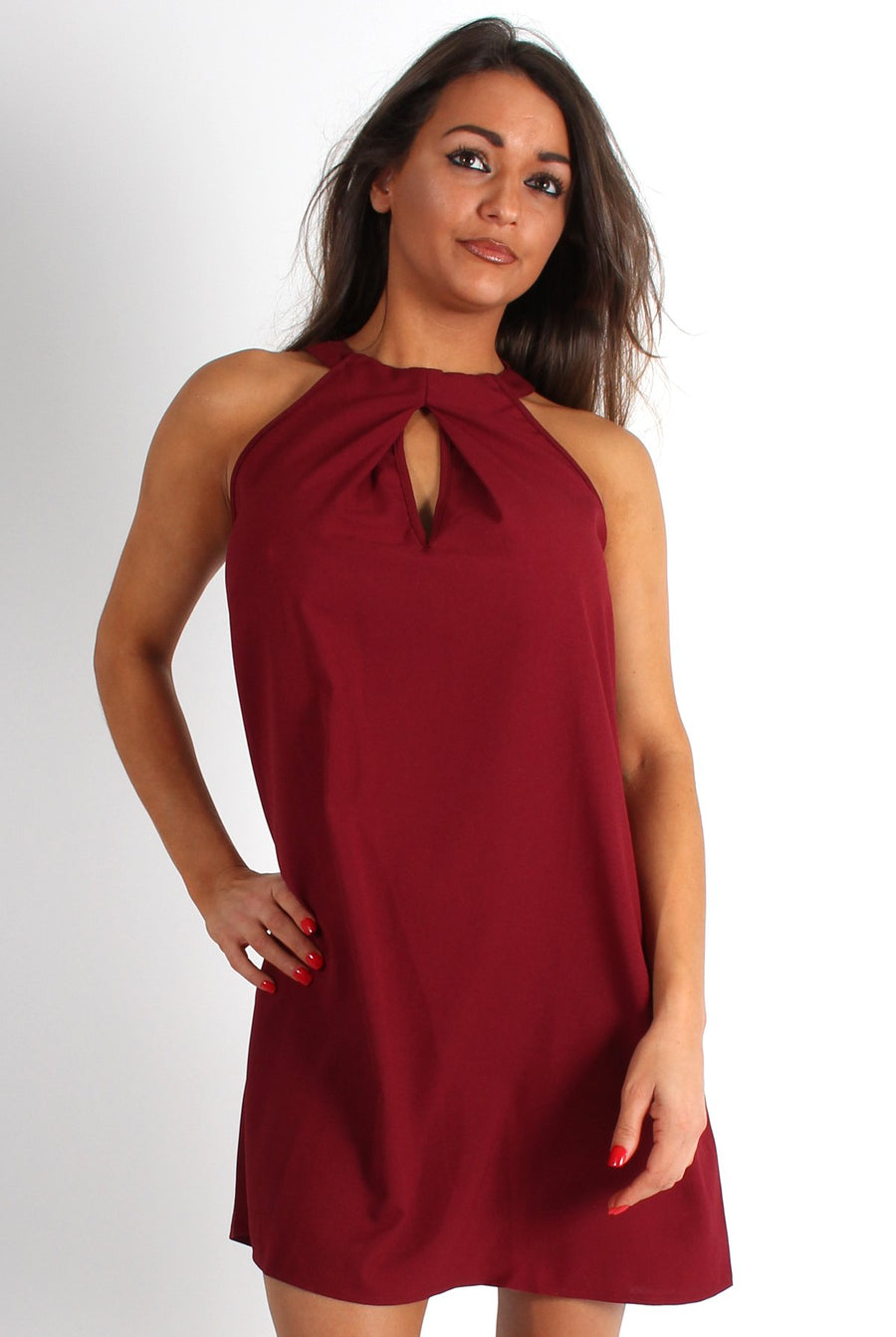 Camille Wine Key Hole Shift Dress-Dresses