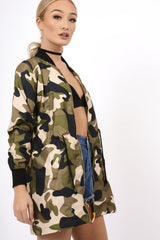 Camo Bomber Style Long Jacket - Brea-Jackets