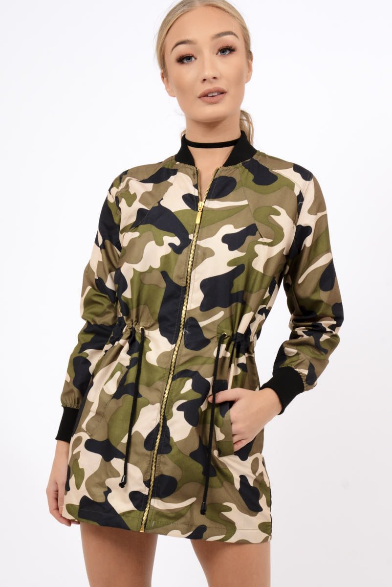 Camo Bomber Style Long Jacket - Brea-Jackets