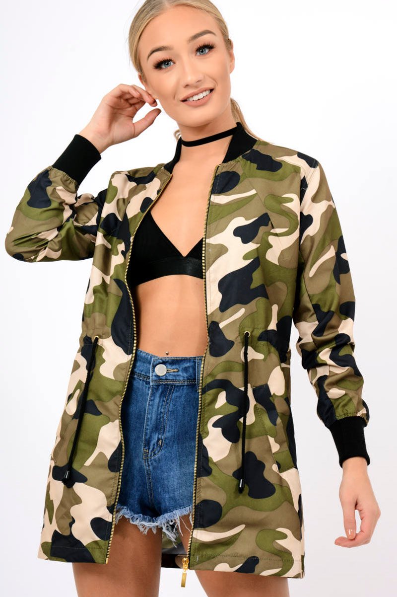 Camo Bomber Style Long Jacket - Brea-Jackets